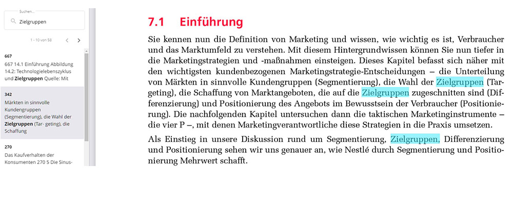 Ausschnitt eines eBooks mit aktiver Suchfunktion. Links neben dem Text wurde im Suchfeld nach dem Begriff 
